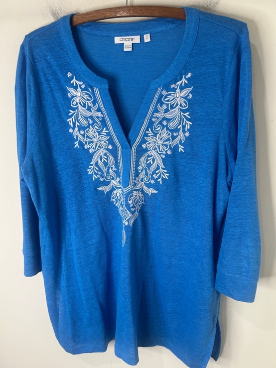 CHICO’S Soft Linen Embroidered Tunic in Poolside Blue Size 2 Large - Picture 14 of 14